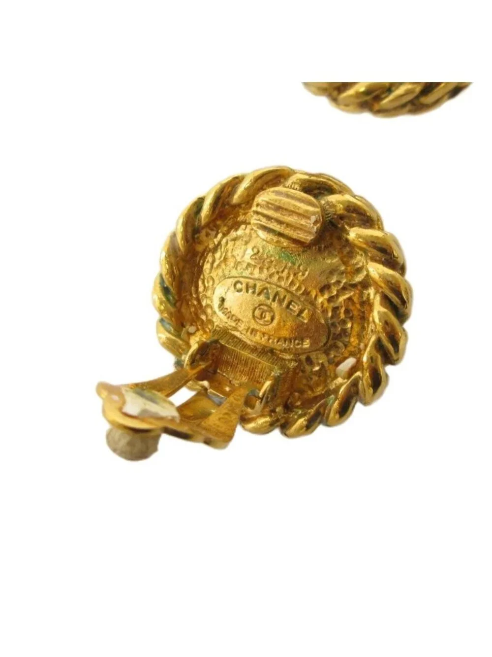 Chanel Vintage Earrings Faux Pearl Gold Color White KH